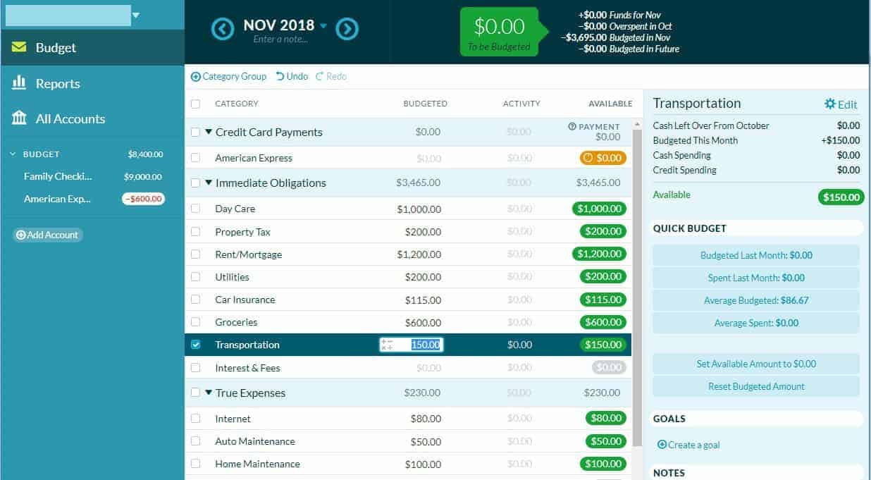 YNAB budgeting screenshot