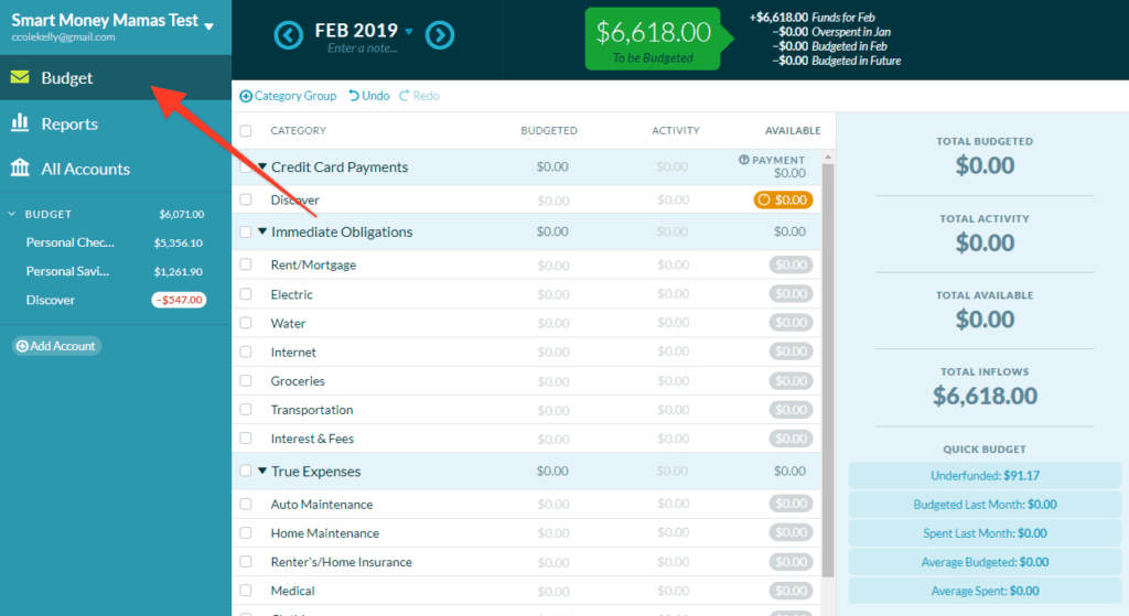 Getting ready to set up budget in YNAB