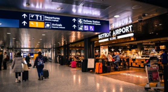 family walking through airport on a travel hacking trip