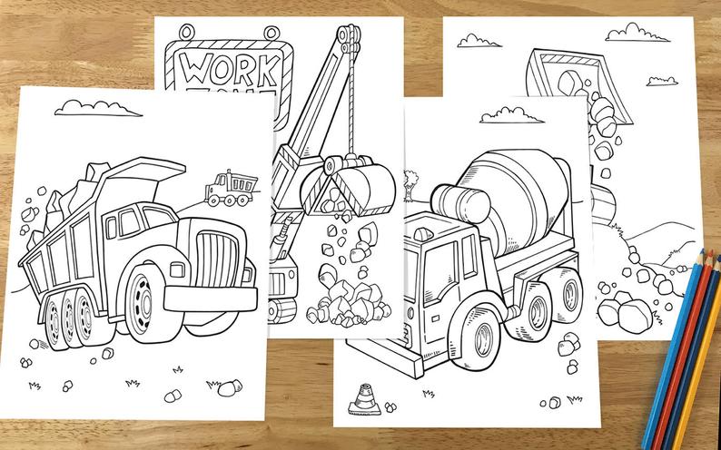 Construction truck coloring pages for sale as digital download on Etsy