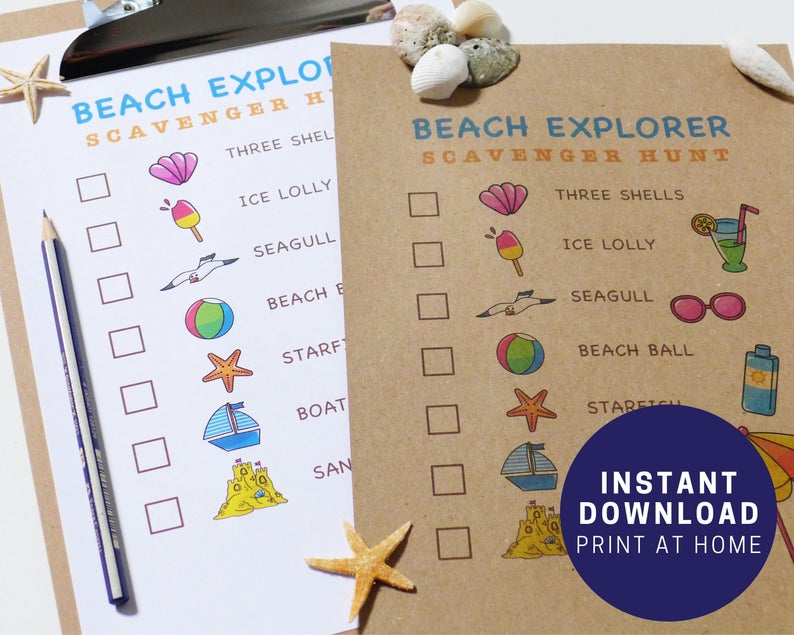 Printable beach explorer scavenger hunt from Etsy