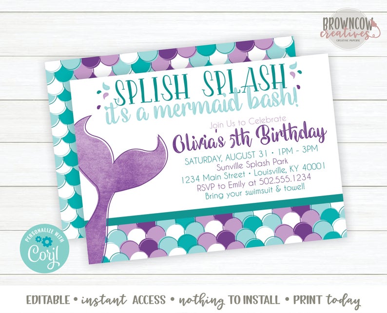 Mermaid birthday party printable invitation from Etsy