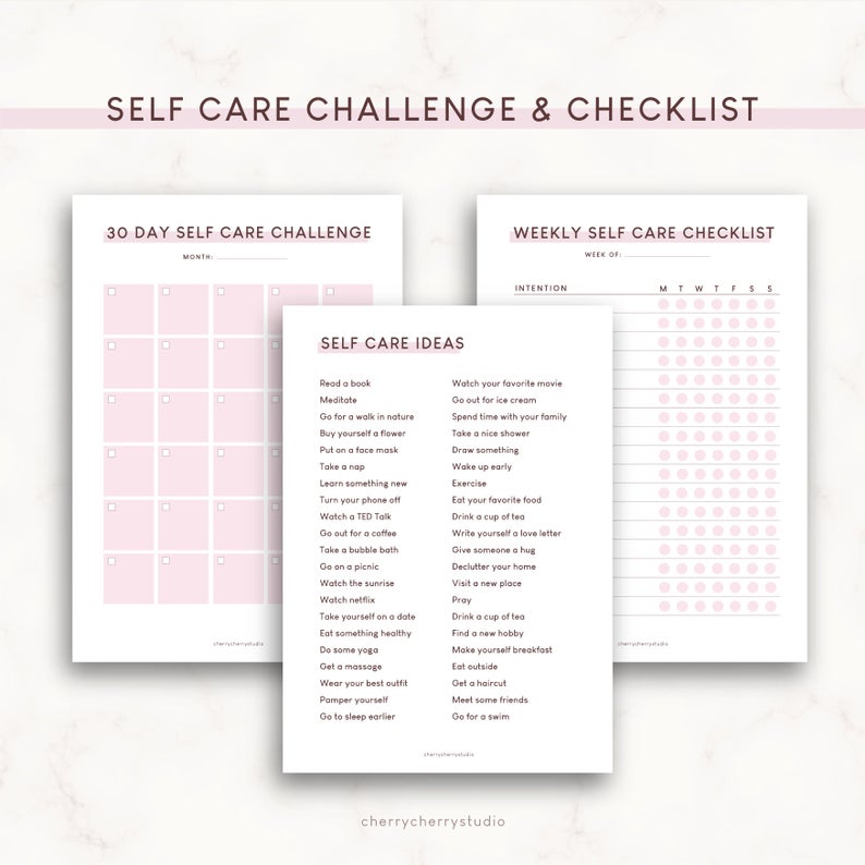 Printable self-care trackers and challenges from Etsy