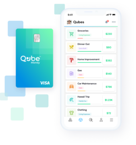 Qube Money debit card and phone app screen preview, showing sample Qubes