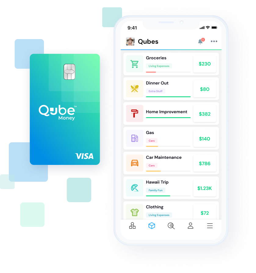 Qube Money debit card and phone app screen preview, showing sample Qubes