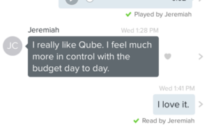 Qube Money review - text from husband, "I really like Qube. I feel much more in control with the budget day to day."